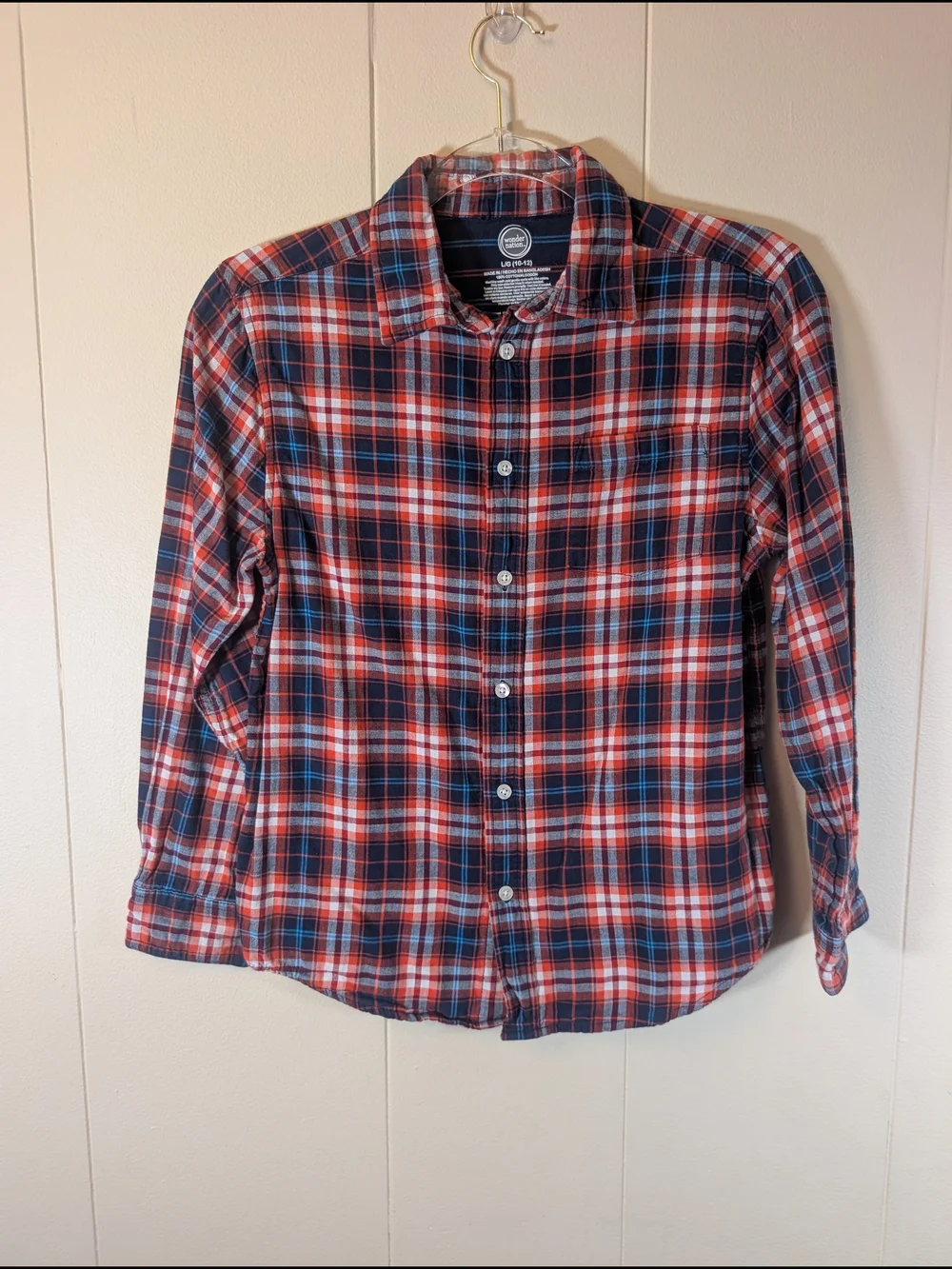 Wonder Nation Boys Plaid Button Front Shirt Red Blue Cotton Size Large 10-12